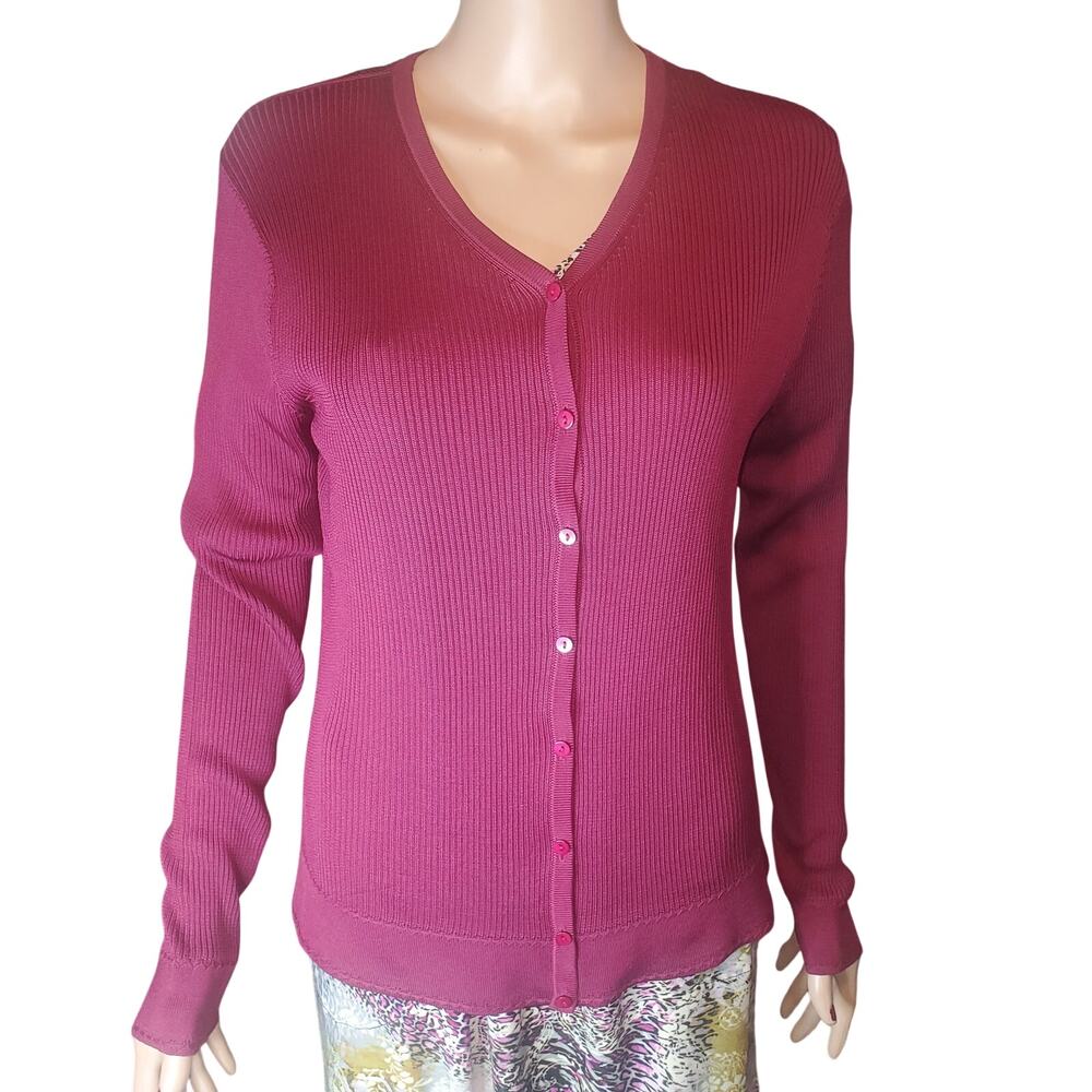 Talbots 100% Silk Cardigan Ribbed Raspberry Pink Button Front M CBK style